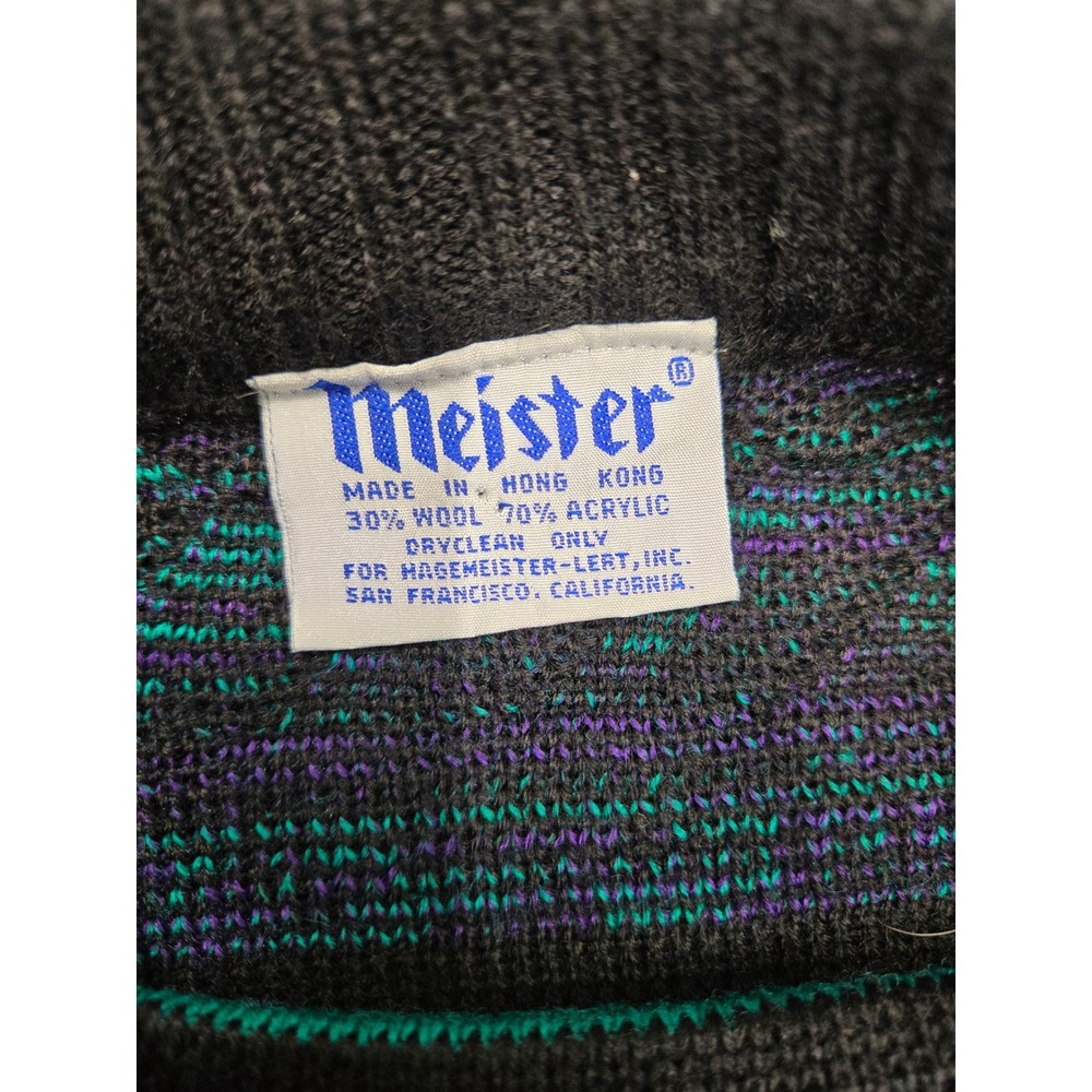 Vintage Meister Mens Large Wool Blend Geometric Knit Sweater Teal Purple Black - Picture 7 of 8
